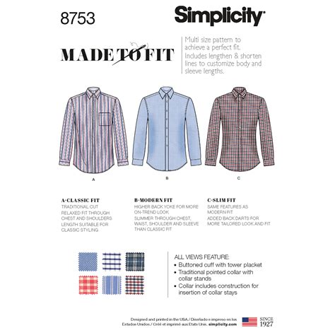 Simplicity 8753 Mens Classic Modern And Slim Fit Shirt Patterns