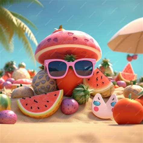 Premium Photo Funny Summer Fruits With Sunglasses On Beach 3d Render