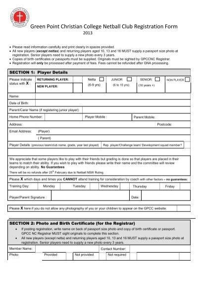 2013 GPCC Netball Club Registration Form Green Point Christian