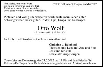 Traueranzeigen Von Otto Wolf Stuttgart Gedenkt De