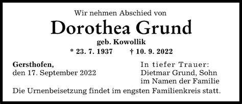 Traueranzeigen Von Dorothea Grund Augsburger Allgemeine Zeitung