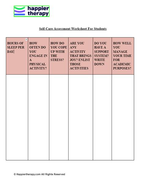 Self Care Assessment Worksheet For Students Happiertherapy