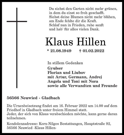 Traueranzeigen Von Klaus Hillen Rz Trauerde