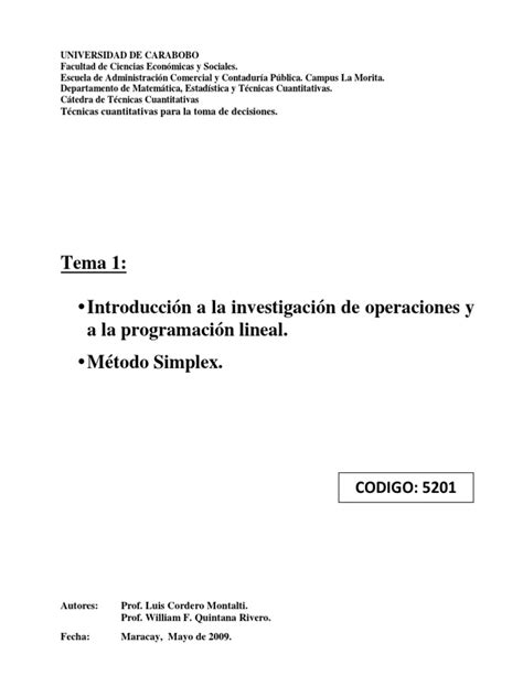 01 Tema 1 Programacion Lineal Y Met Simplex Inv Oper Wquintana 0509 Pdf Programación