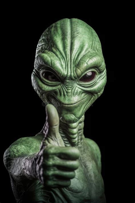 Alien Humanoid Shows Thumb Up Gesture On Dark Background Generative Ai