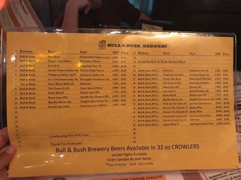 Menu At Bull Bush Brewery Pub Bar Denver