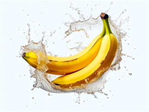 La fruta de plátano que cae se encuentra con el agua en un fondo blanco