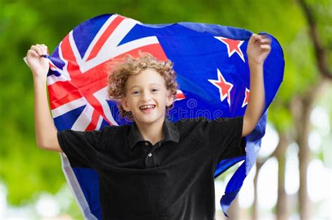 Child Running with New Zealand Flag. Kiwi Fan Stock Photo - Image of ...