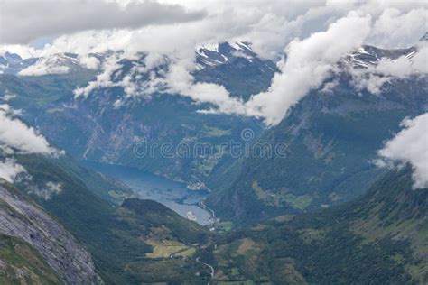 Geiranger Fjord Norway With Cruise Shipand Eagle Road In Cloudy