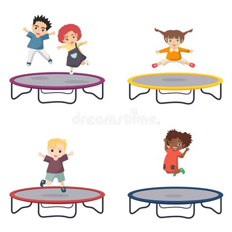 Petits Enfants Sautant Sur Trampoline Illustrations Vectorielles Set