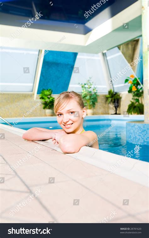 Blonde Woman Swimming Pool Shes Smiling Stock Photo Edit Now 28781620