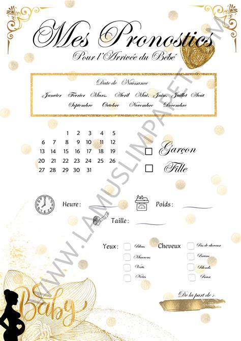 Cartes Pronostics Naissance Mod Le Gold Baby Shower T L Charger