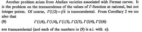 nt.number theory - Transcendence of $\Gamma(1/3), \Gamma(1/4)$ - MathOverflow