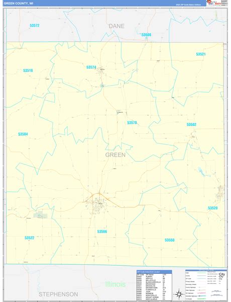 Green County, WI Zip Code Wall Map Basic Style by MarketMAPS - MapSales