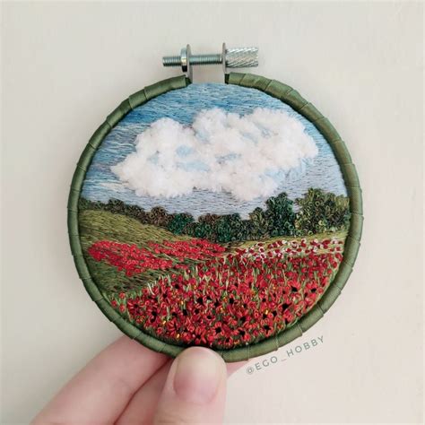 Hand Embroidery Hoop Art Embroidery Picture Summer Landscape Poppy