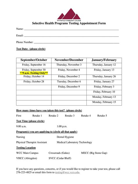 Fillable Online Wcc Vccs Selective Health Programs Testing Appointment