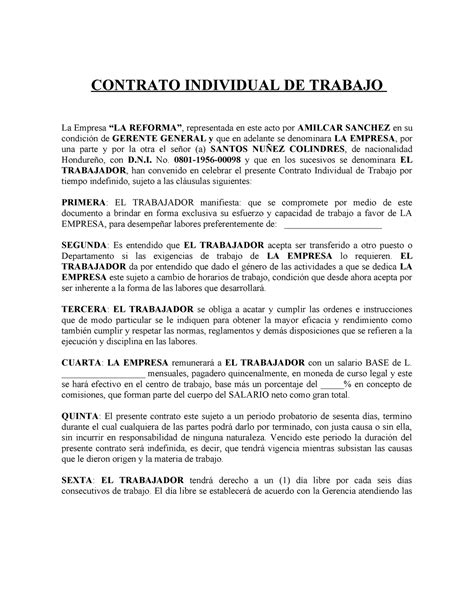 Contrato Individual De Trabajo Febrero 2024 Contrato Individual De