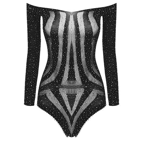 Sexy Lingerie Women Shiny Rhinestone See Through Mesh Bodysuit One