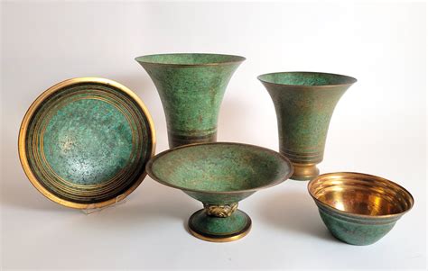 Group Of 5 Carl Sorenson Art Deco Patinated Bronze Vases Bowls