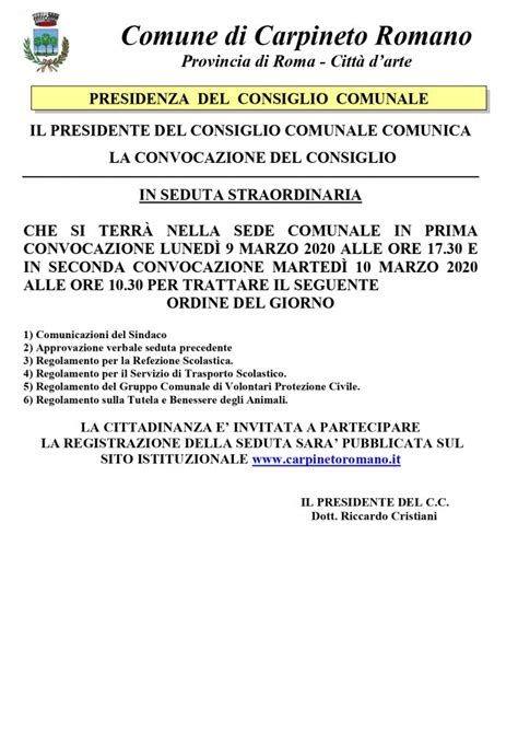 Avviso Convocazione Consiglio Comunale Comune Di Carpineto Romano