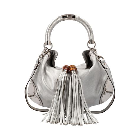 GUCCI Leather Indy Tassel Hobo Silver Luxity