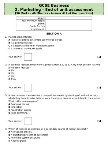 Gcse Business 9 1 Ocr Marketing Assessment And Revision Resource