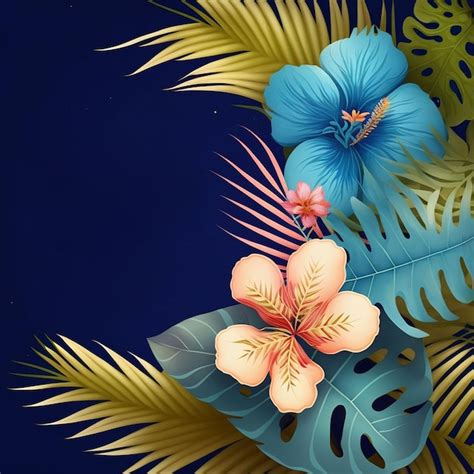 Un Fondo Azul Con Hojas Y Flores Tropicales Foto Premium