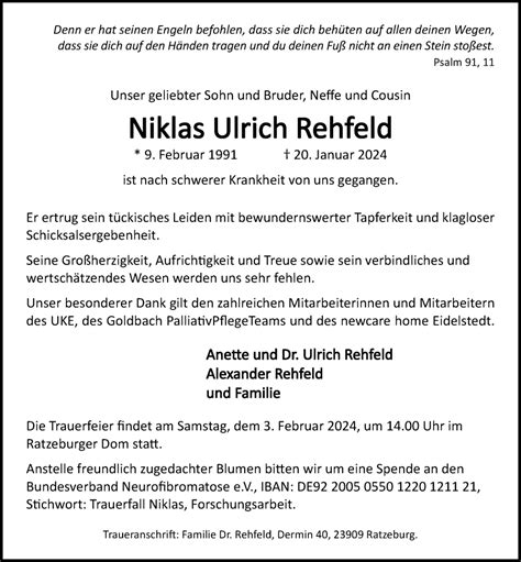 Traueranzeigen Von Niklas Ulrich Rehfeld Trauer Anzeigen De