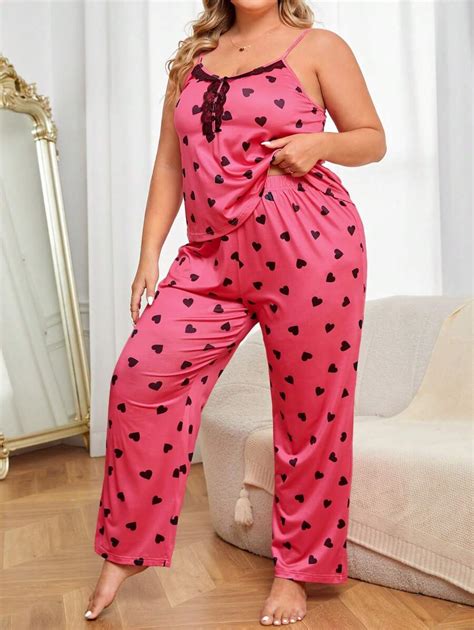 Plus Heart Print Lace Trim Pj Set Shein Usa