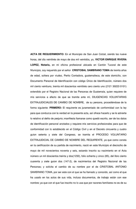 7 Minuta De Tramite De Cambio De Nombre Acta De Requerimiento En El