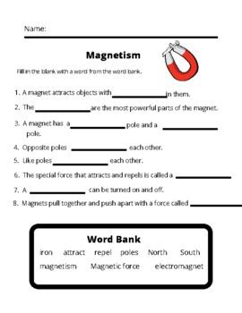 Magnetism Fill In The Blank Worksheet By Mrs Parkers Printables TPT