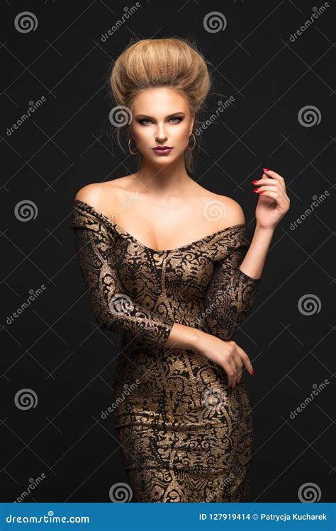 Sensual Blonde Woman Posing In Black Dress Stock Photo Image Of Dark