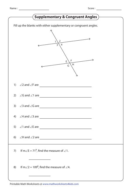 Complementary Angles And Supplementary Angles Worksheet Answer Key