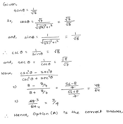 If Theta Is An Acute Angle And Tantheta 1 7 Then The Value Of