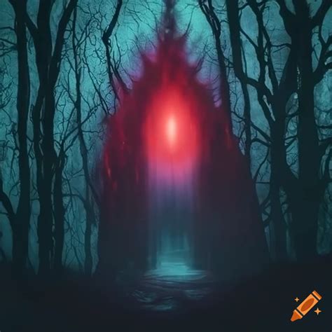 Dark Forest With A Red Aura And A Mysterious Red Orb Unsettling Scene