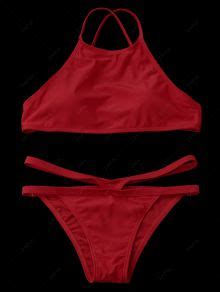 12 OFF 2019 High Neck V Strap Thong Bikini Set In RED S ZAFUL