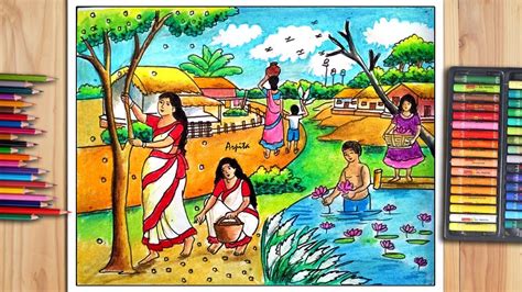 Autumn Season Village Scenery Drawing With Oil Pastel Durga Puja