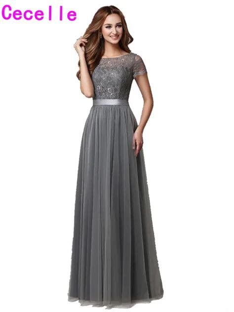 Grey Long Modest Bridesmaid Dresses With Cap Sleeves Lace Tulle Short