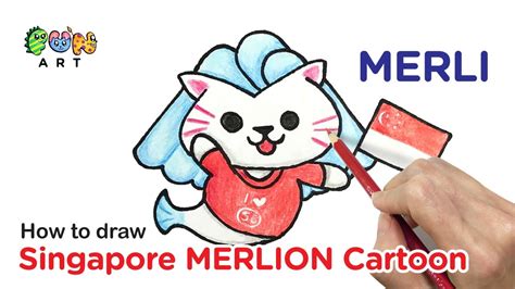 How To Draw Merlion Merli Singapore New Mascot Holding Singapore Flag~ Youtube