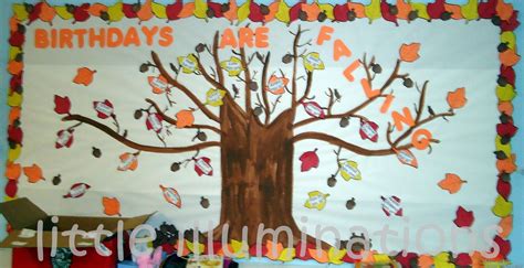 A Bulletin Board With An Image Of A Tree In The Middle And Words Birthdays Are Written On It