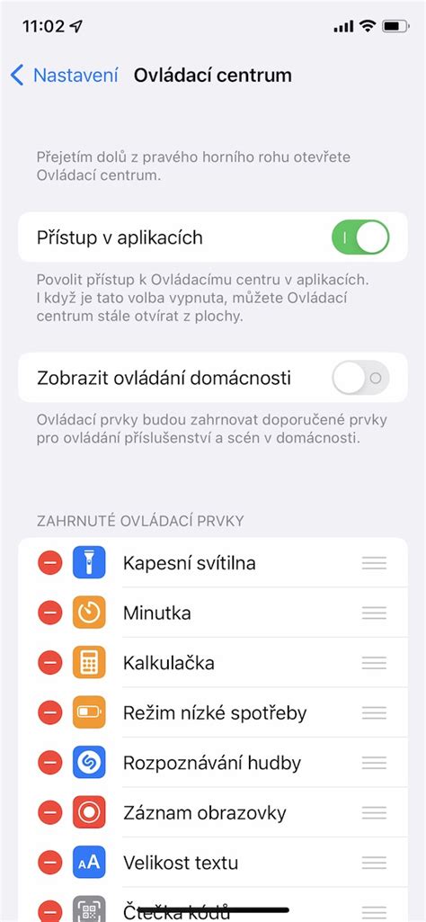 Jak na iPhone z ovládacího centra odstranit ovládání domácnosti LSA