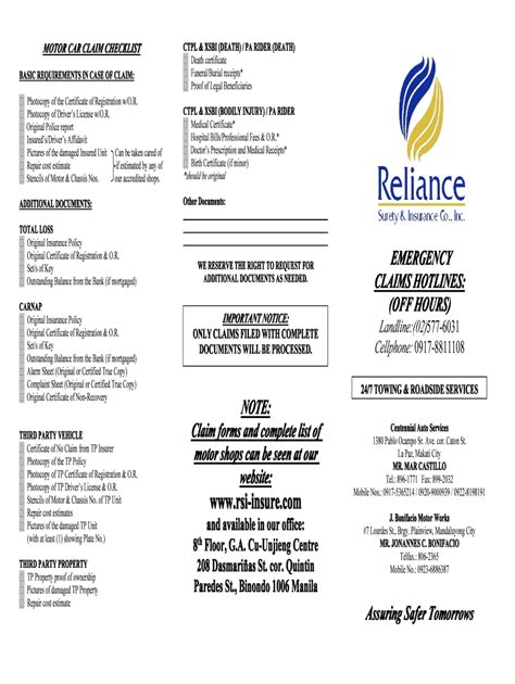 Fillable Online Claim Forms Reliance Surety And Insurance Co Inc Fax