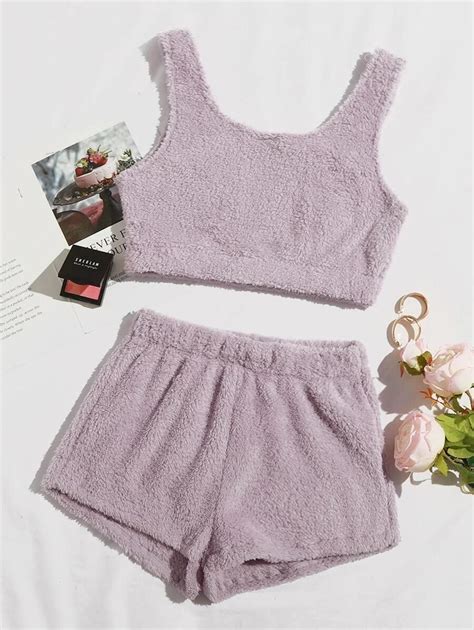 Affiliate Link Fluffy Knit Flannel Tank Top With Shorts Lounge Set Simple Outfits Fashion