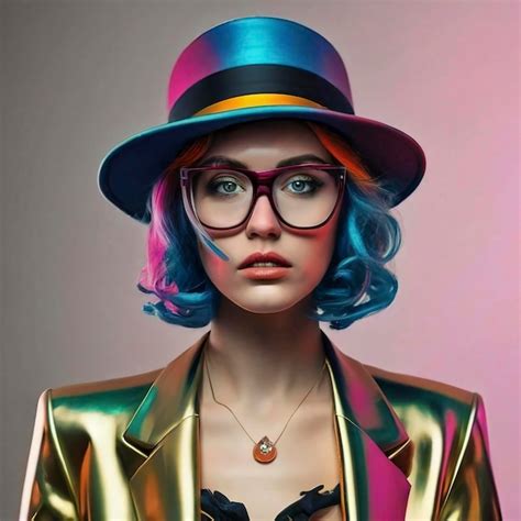 Premium Photo Woman Creative Colourful Hat Glasses Fashion Beauty Art