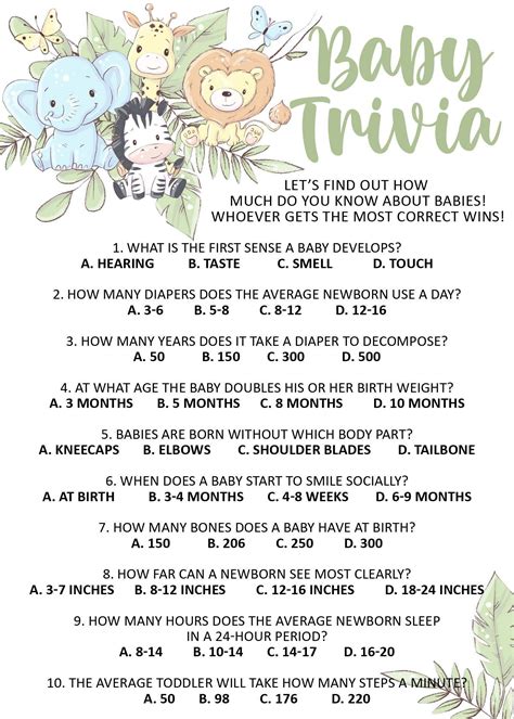 Baby Shower Trivia Game Printable Jungle Inspired Safari Theme