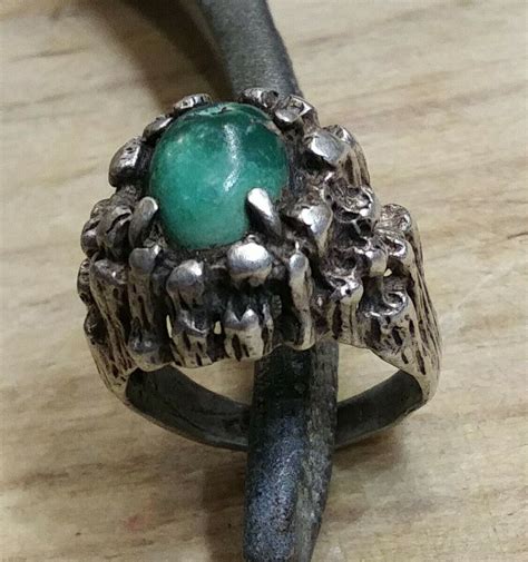 Vtg Brutalist Navajo Green Turquoise Sterling Silver Gem