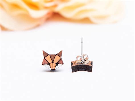 hand painted wooden geometric fox earrings origami fox studs cute