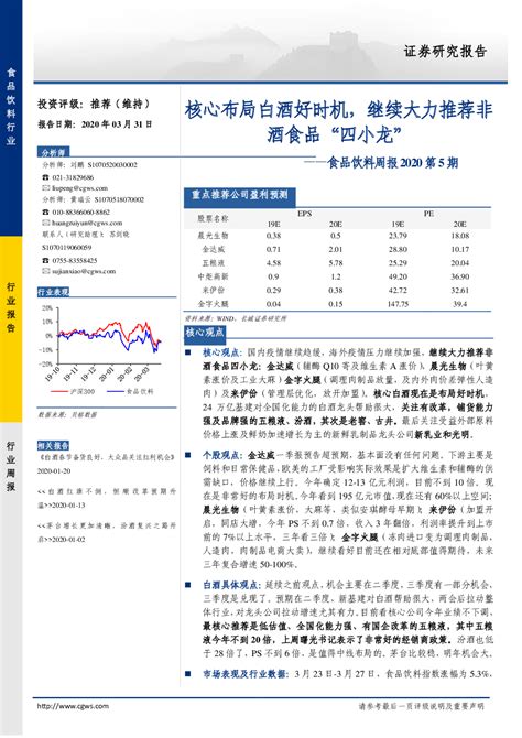 食品饮料周报2020第5期：核心布局白酒好时机，继续大力推荐非酒食品“四小龙”