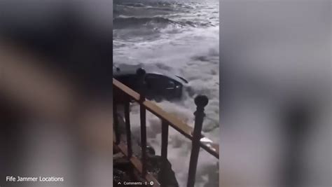 Moment Car Swept Into Sea In Scots Village As Storm Kathleen Batters