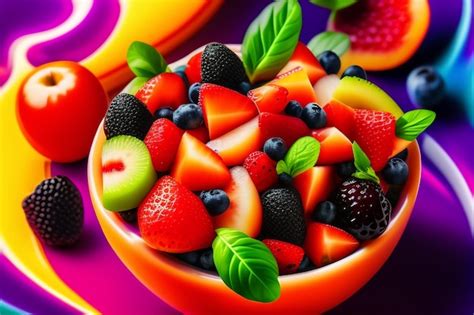 Premium Photo | A colorful bowl of fruit with a green leaf on the top.